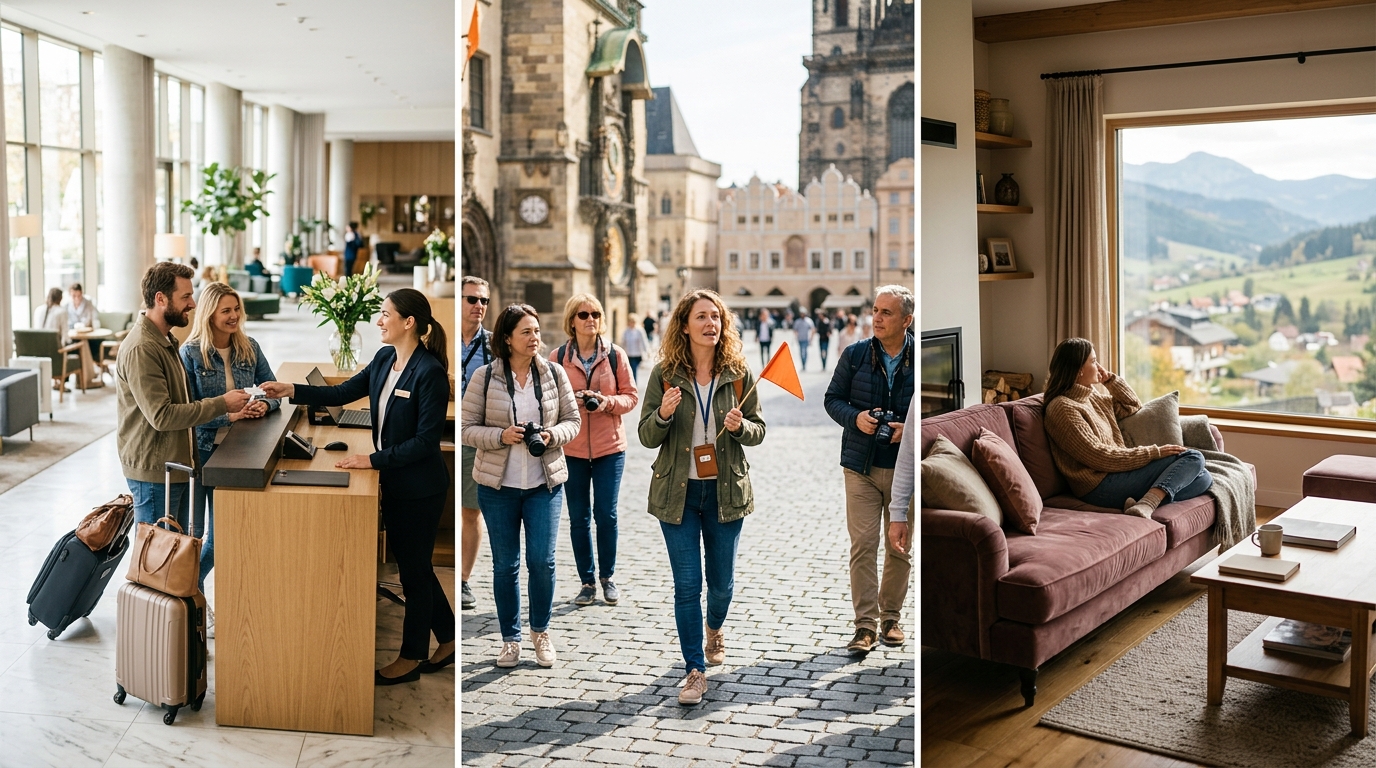 A hotel lobby, a guided tour and a holiday rental side by side