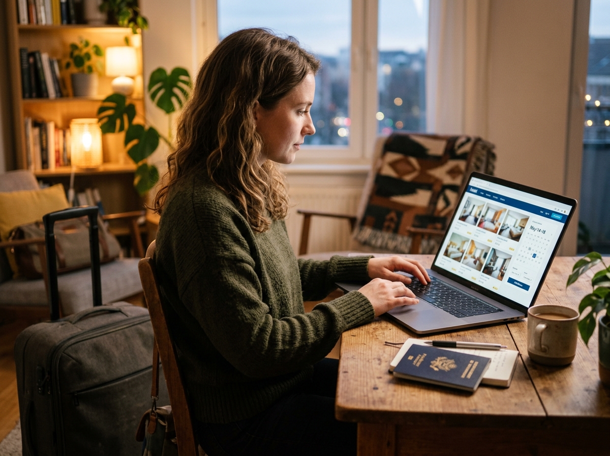 Traveller booking a stay on a hotel website on a laptop