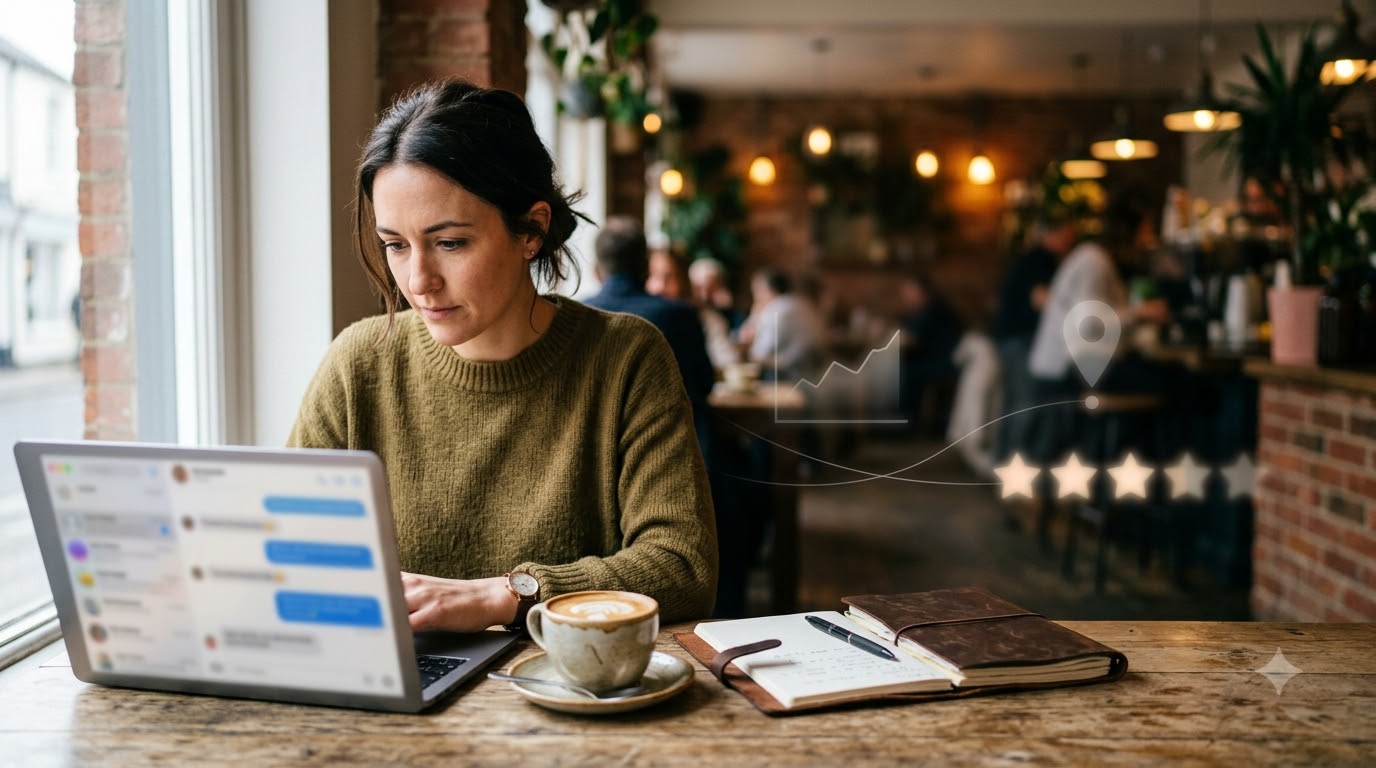 Marketer reviewing how an AI chatbot describes a brand on a laptop