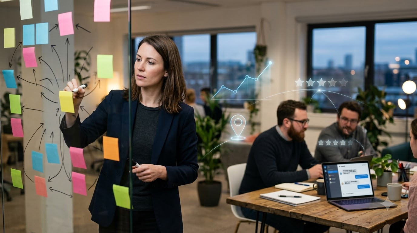 Content strategist mapping questions for AI chat answers on a whiteboard