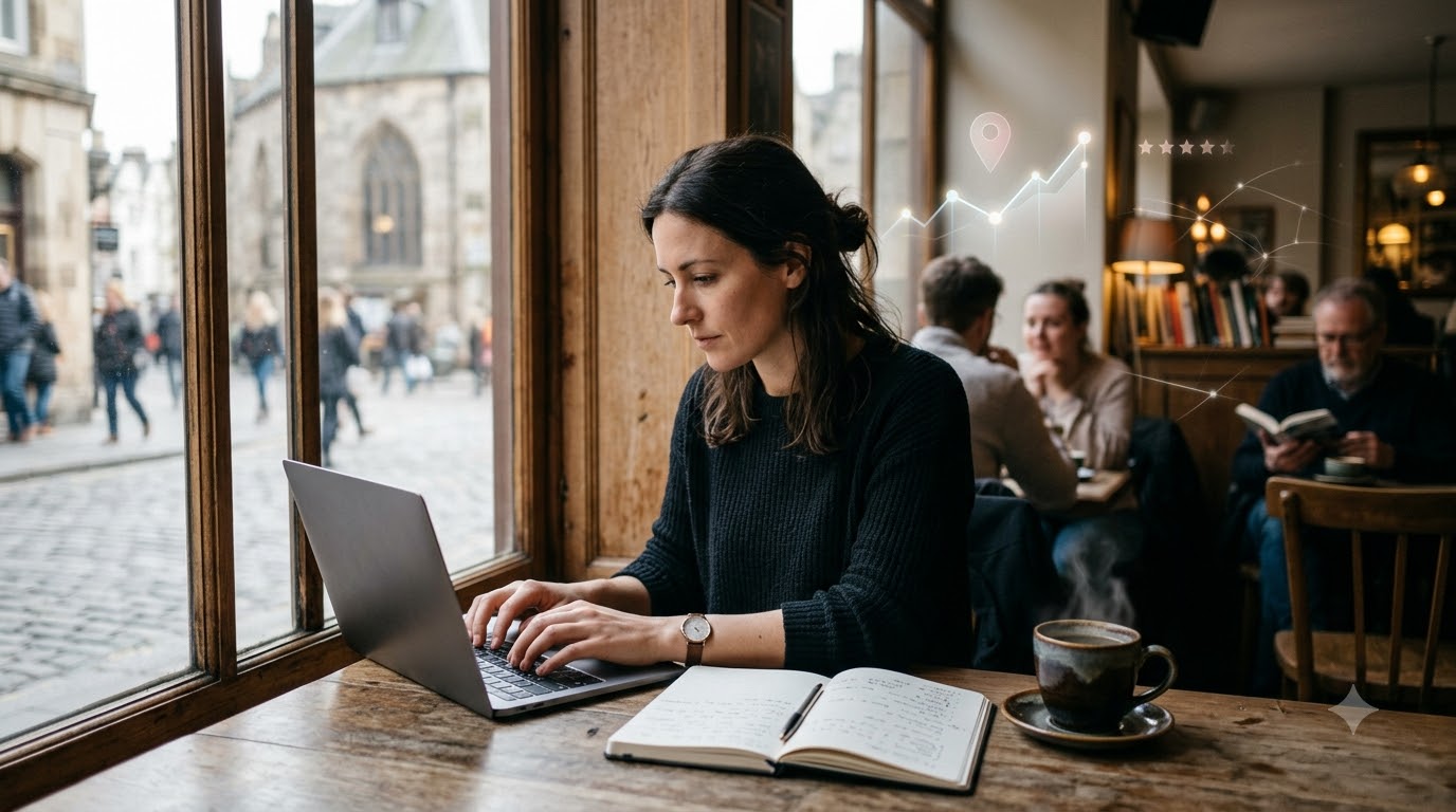 Writer drafting a blog post on a laptop in a quiet café