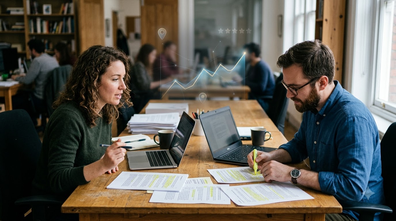 Two writers collaborating on an article outline