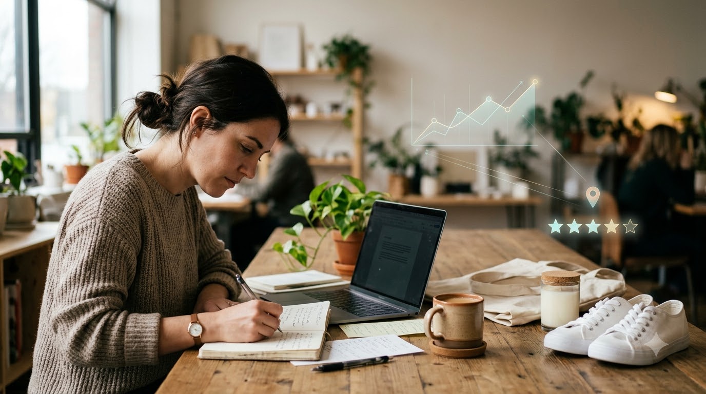 Copywriter describing products laid out on a table