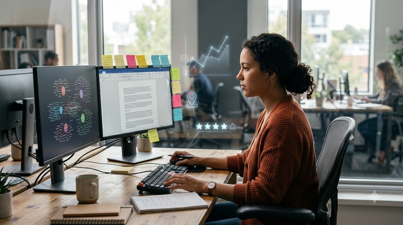 Content writer researching topics with search charts on screen
