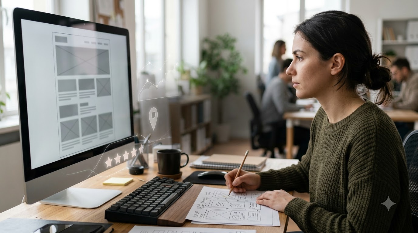 Copywriter reviewing homepage copy on a large monitor