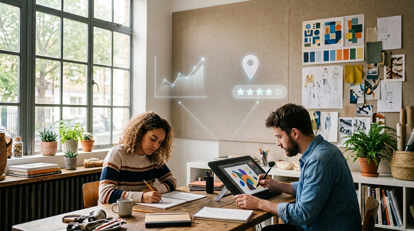 Designers sketching creative concepts in a bright studio