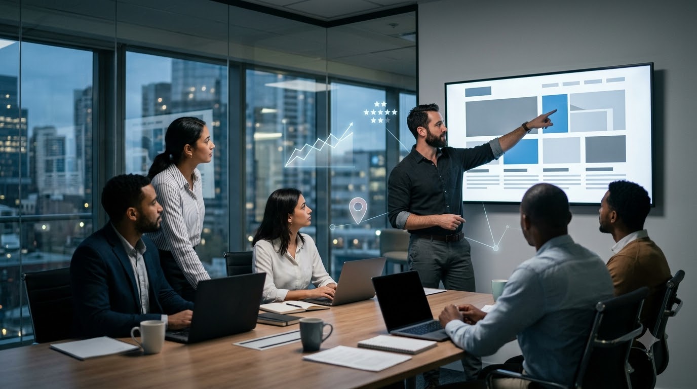 B2B marketing team reviewing a corporate website layout in a meeting room