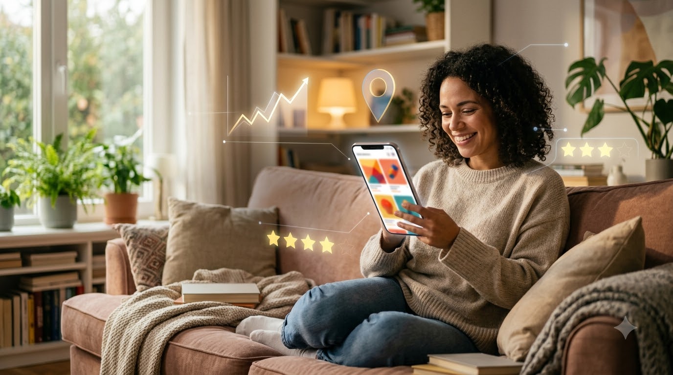 Shopper on a sofa browsing a brand website on a phone