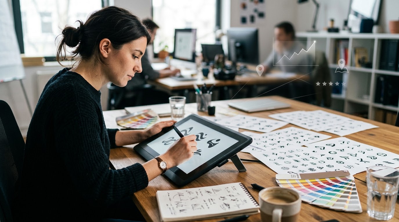 Designer sketching logo ideas on a pen display beside printed symbol sheets and color swatches