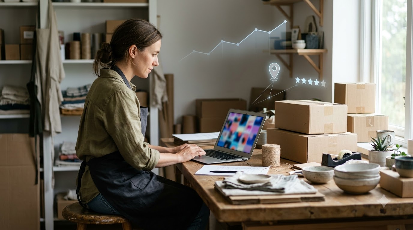 Online store owner reviewing product pages on a laptop beside packed orders