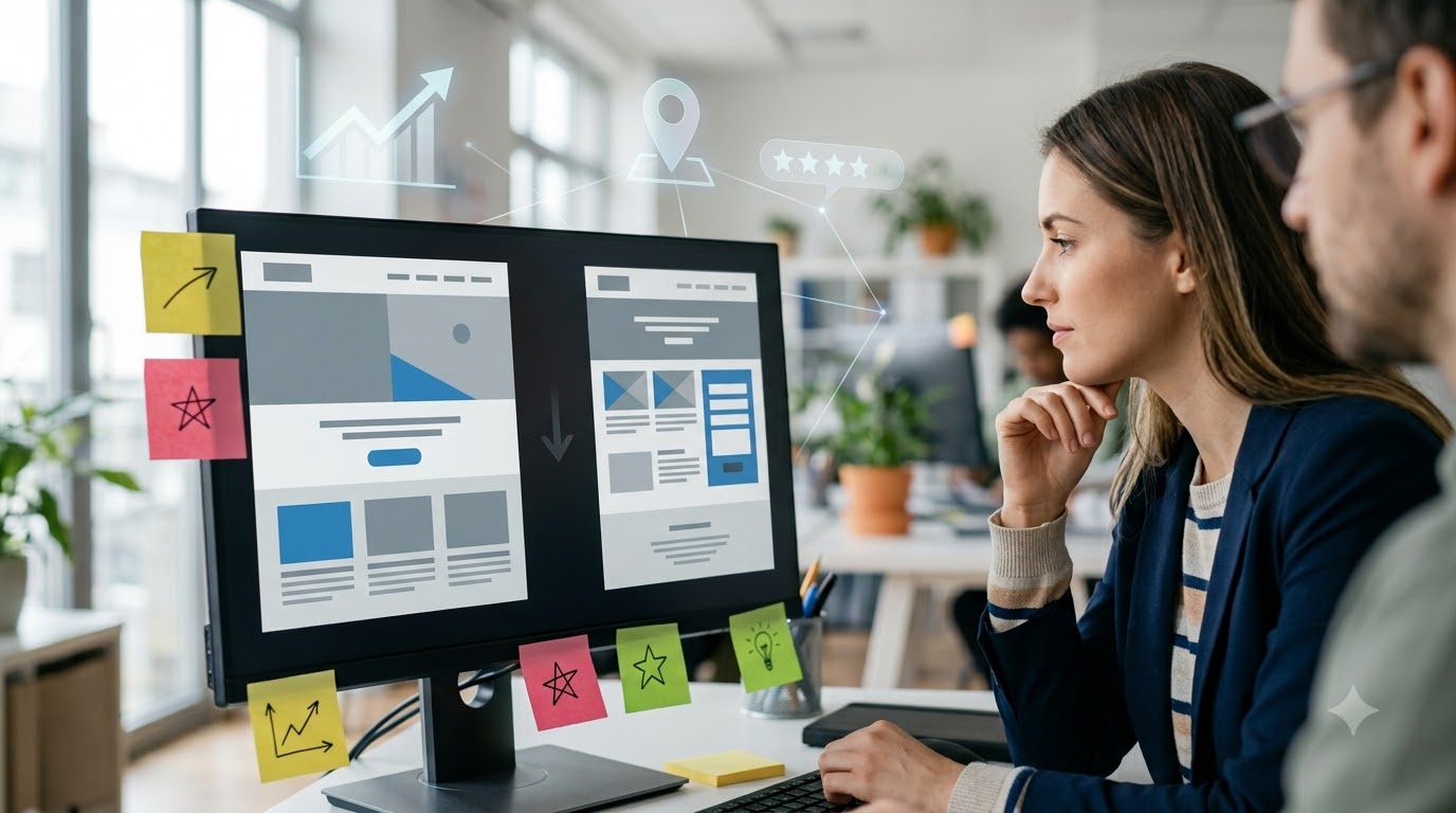 Marketer comparing two landing page layouts on a monitor
