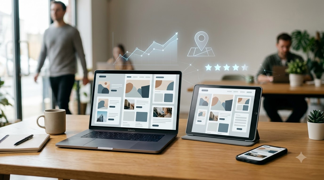 Responsive website shown on a laptop, tablet and phone