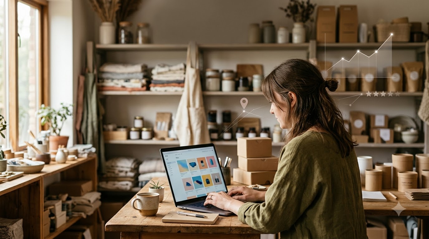 Small brand owner setting up an online shop on a laptop
