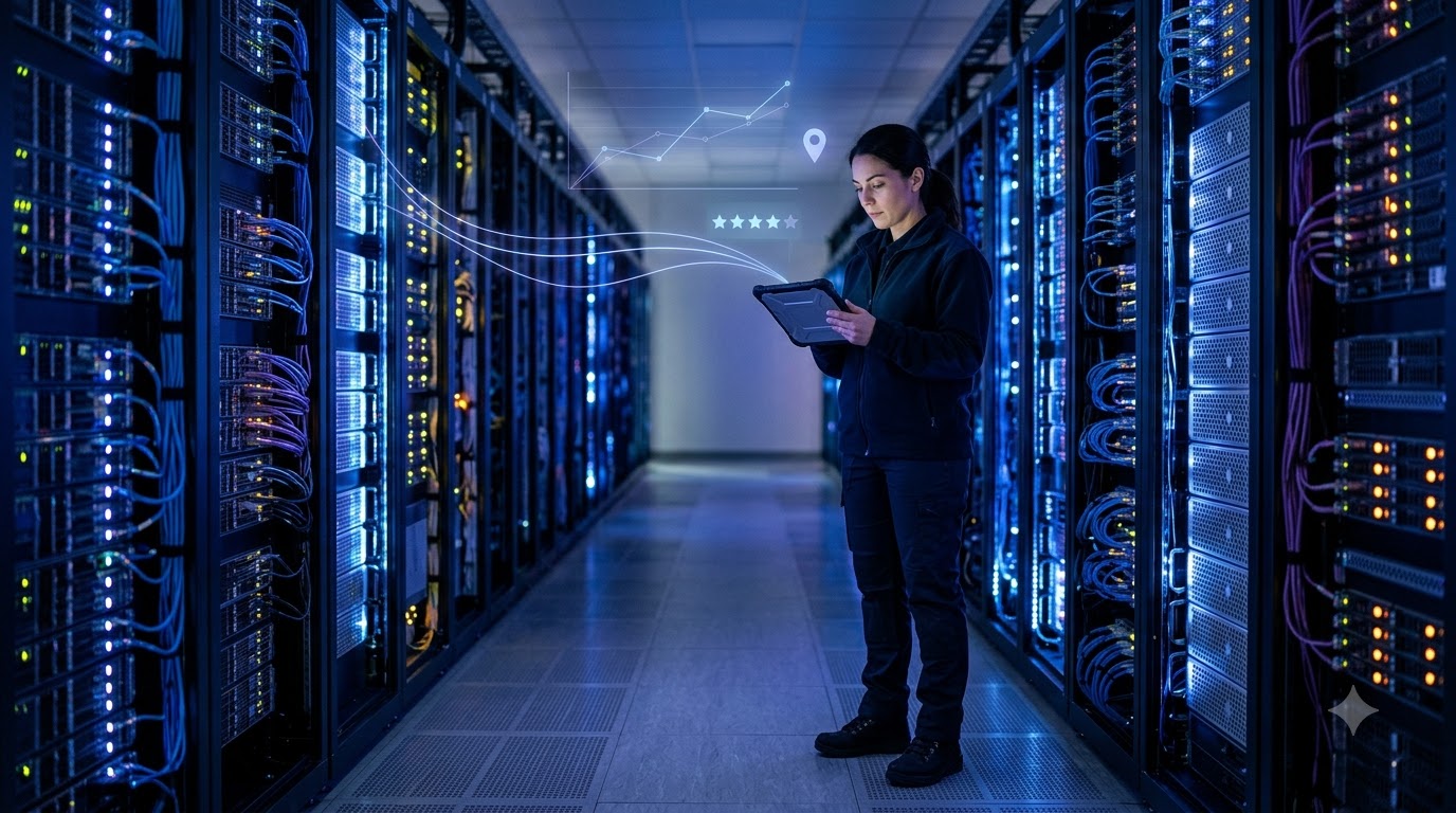 Engineer checking a rugged tablet in a data center aisle between server racks
