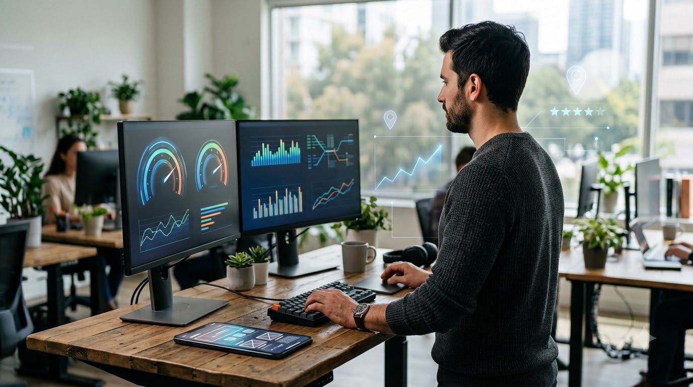 Developer checking website performance dashboards across two monitors