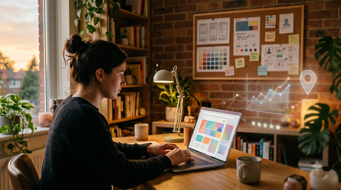 Designer working on a website layout on a laptop in a warm, plant-filled room with a mood board on the wall
