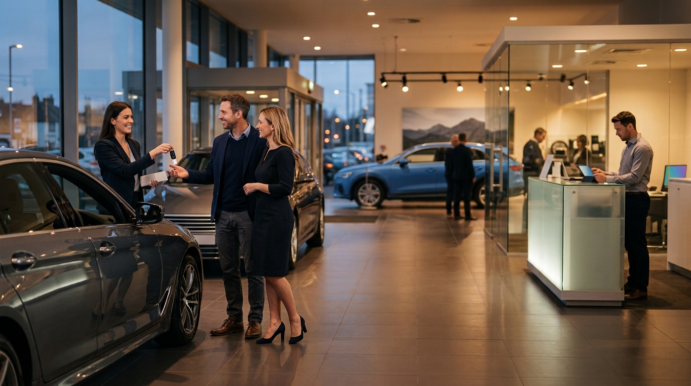 A sales consultant handing keys to a couple beside a new car in a premium showroom