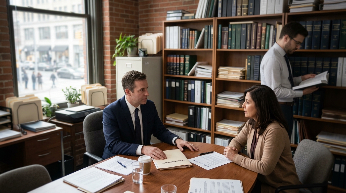 An attorney talking with a client about an agency decision in a law office