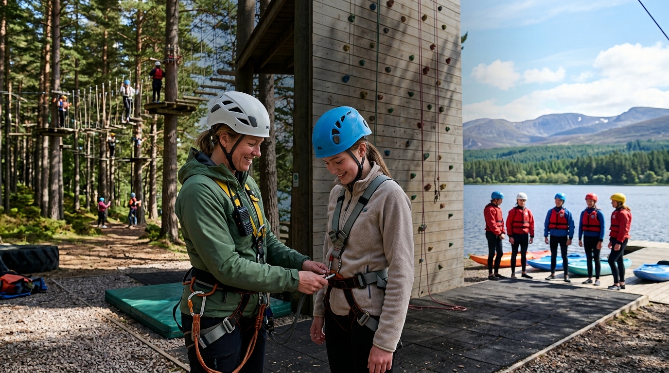 An instructor checking a young climber’s harness at an outdoor adventure centre