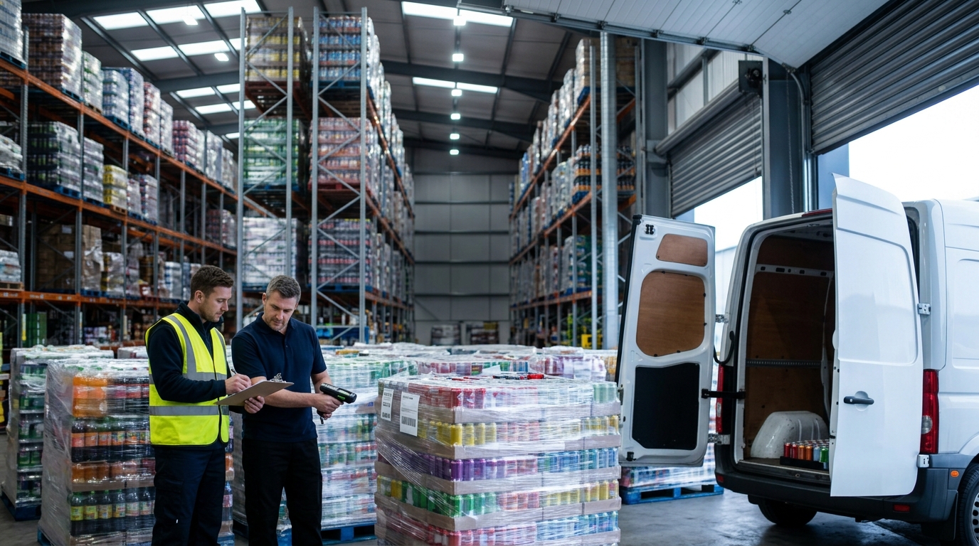 A driver and warehouse manager checking pallets of canned and bottled soft drinks at a loading bay