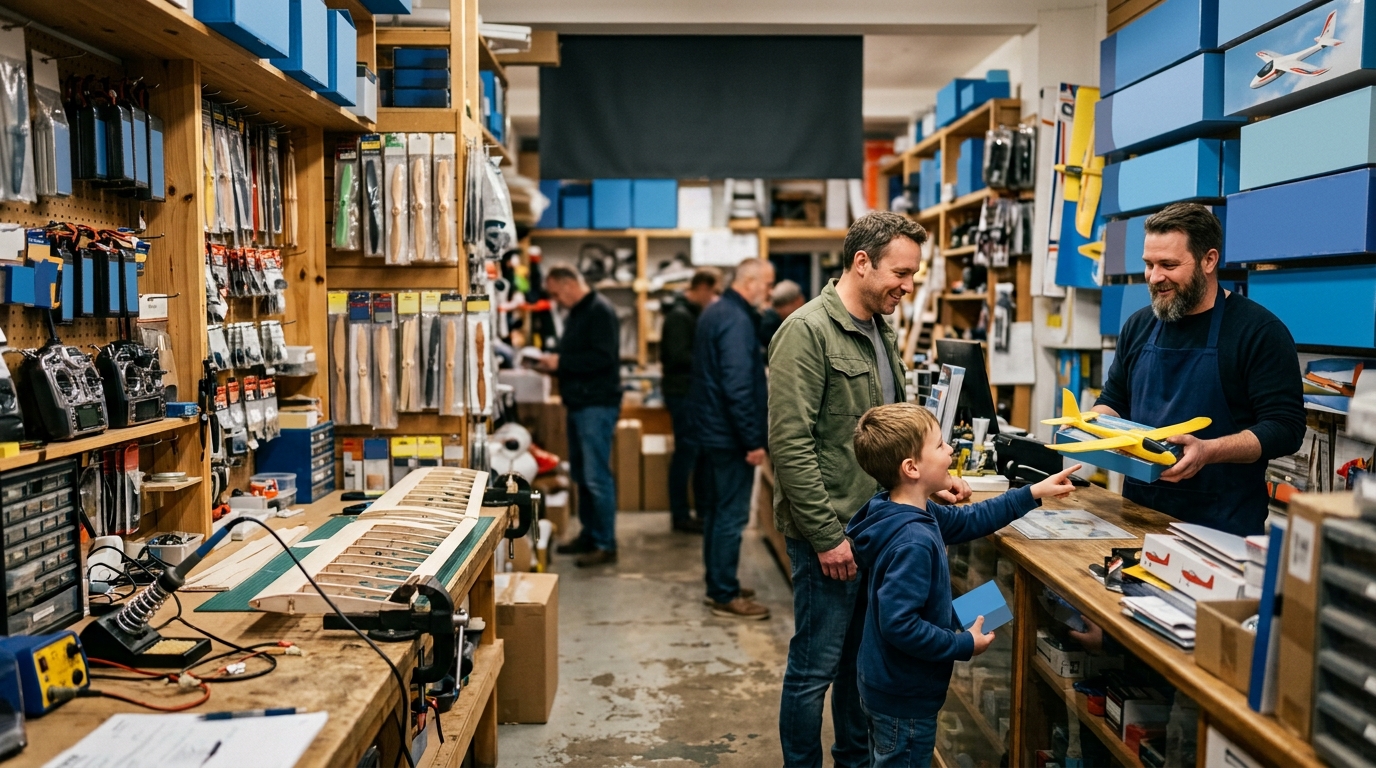 A shop owner helping a father and son choose a beginner RC aeroplane in a hobby shop