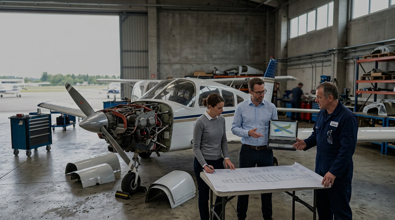 Two engineers reviewing a structural drawing beside a light aircraft in a hangar