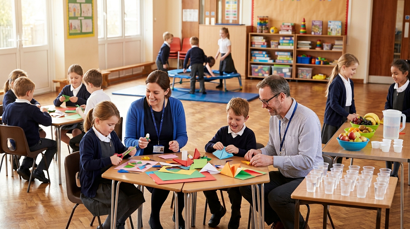 Primary-age children making crafts with staff at an after school club in a school hall