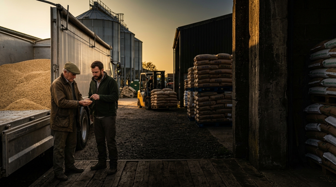 A trader and a farmer inspecting a sample of grain beside a trailer in a supply yard