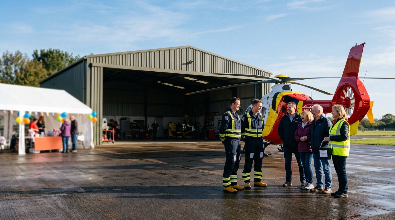 A helicopter crew chatting with supporters beside an air ambulance at an open day