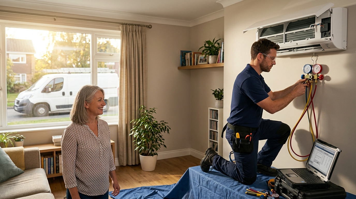 An engineer testing a wall-mounted air conditioning unit while a homeowner watches