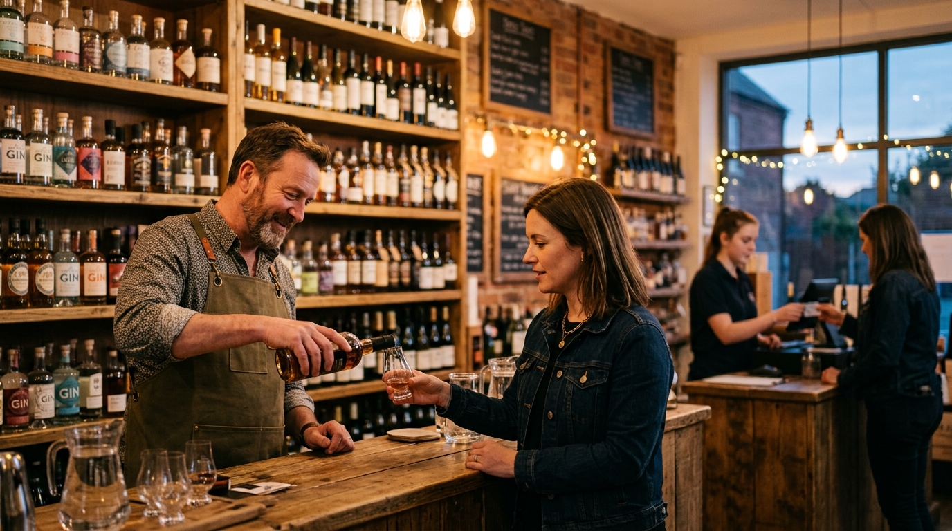 Shop owner pouring a wine sample for a customer at the counter of a busy wine and spirits shop