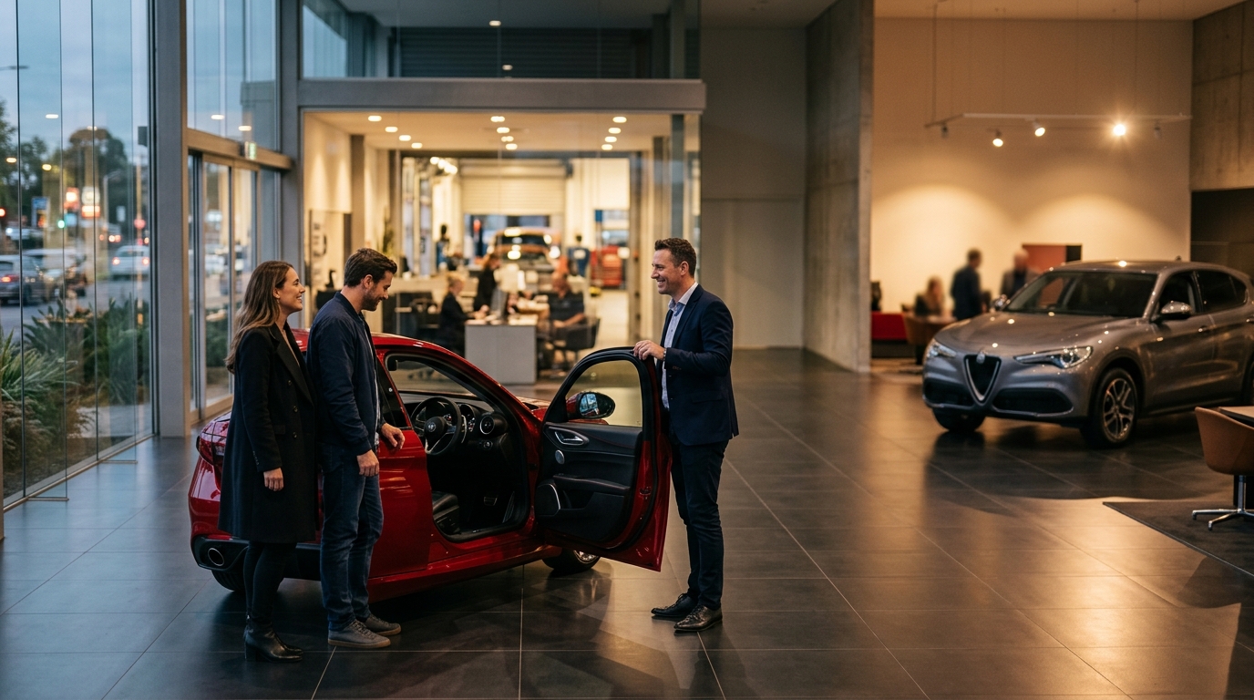 A sales executive showing a couple the interior of a red sports saloon in a premium showroom