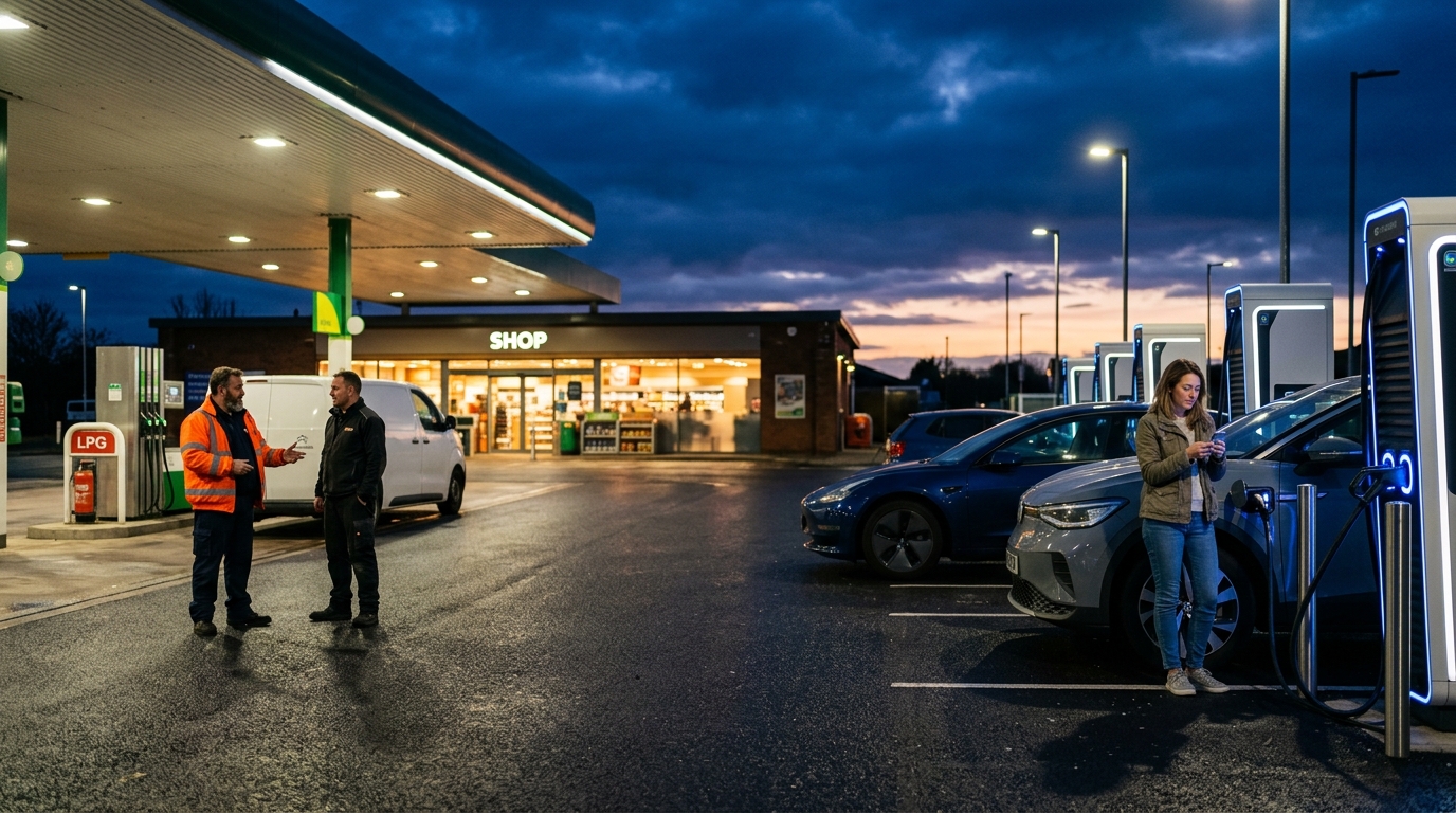 Drivers charging electric cars at a lit forecourt with rapid chargers and an LPG pump