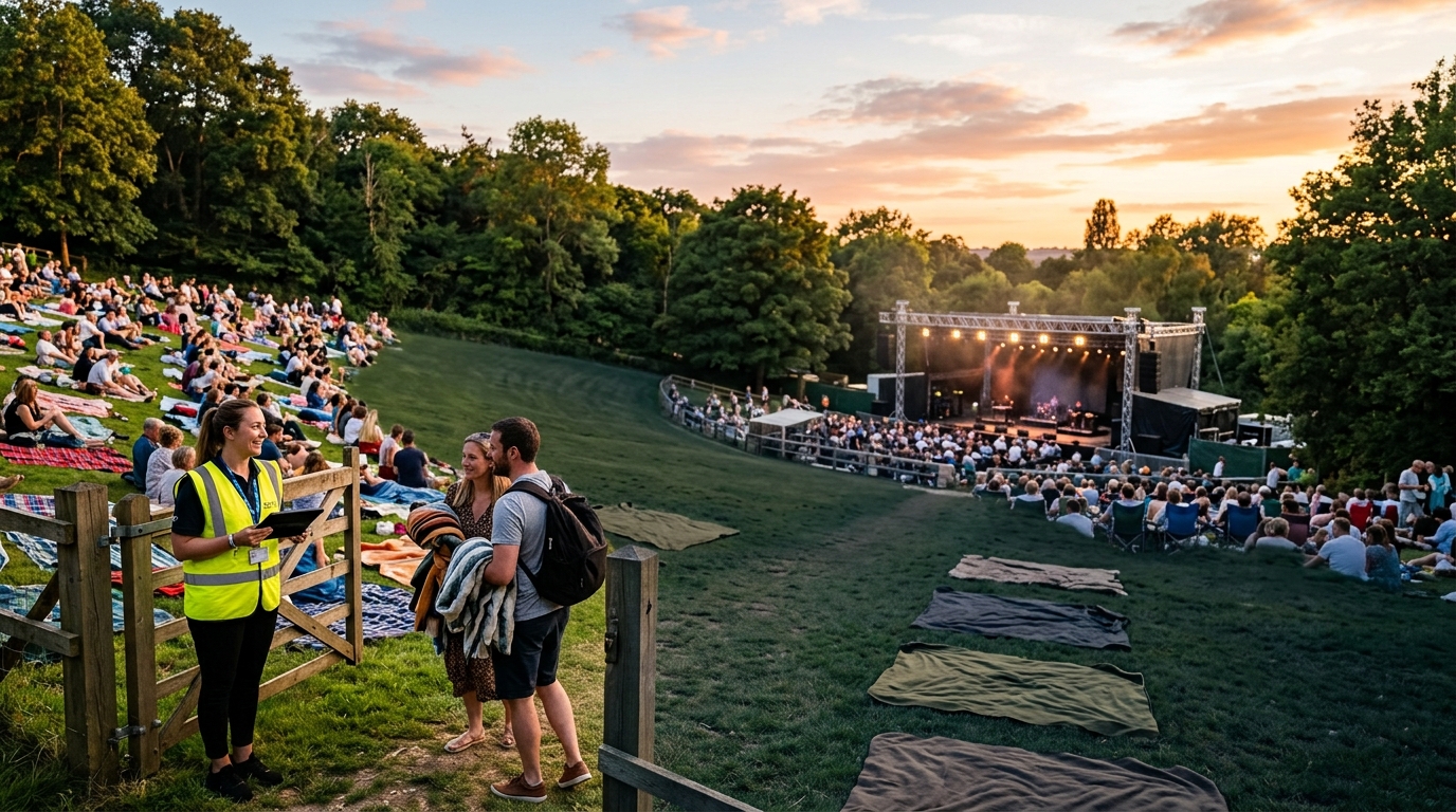 Audience members arriving on the lawn of an open-air amphitheater in the golden hour
