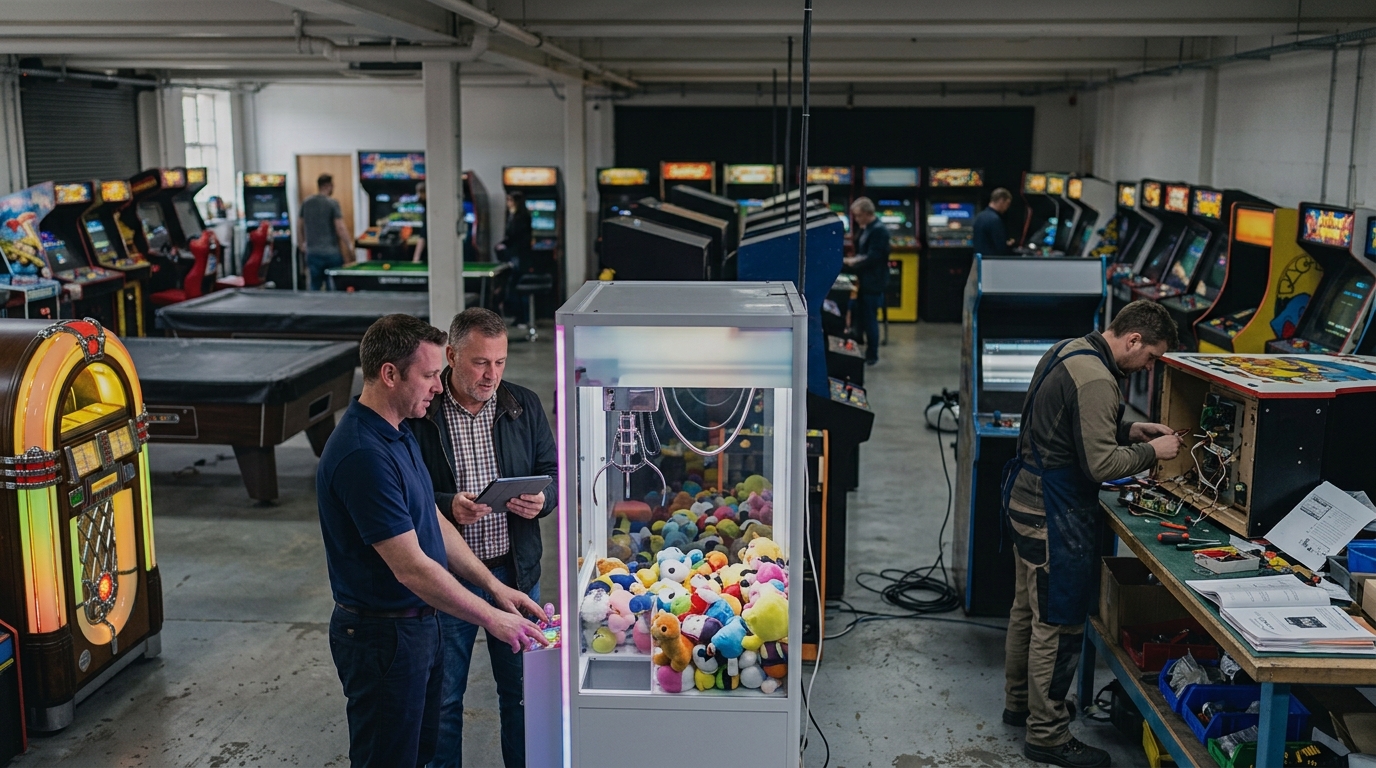 A supplier demonstrating a claw machine to a venue owner in an amusement machine showroom