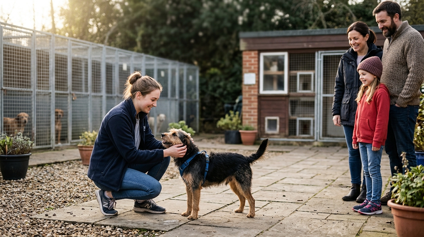 Volunteer greeting a rescue dog with a family in a bright animal shelter courtyard