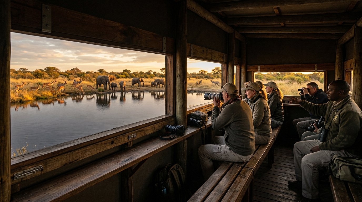 Visitors and a guide watching elephants and antelope gather at a waterhole from a timber hide