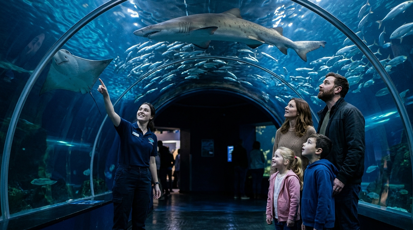 Family in a glass tunnel watching a shark and fish swim overhead at a public aquarium