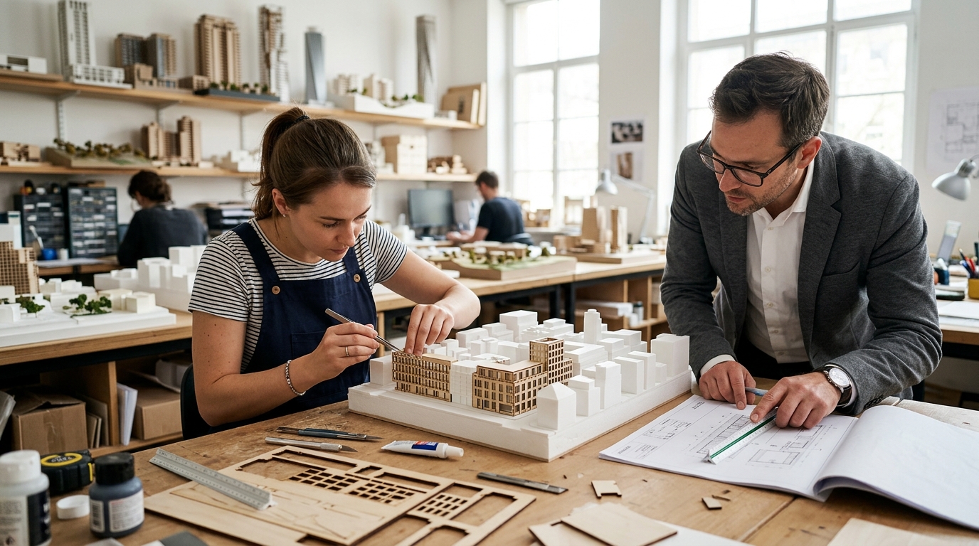 Model maker assembling a scale city block model while an architect checks the drawing