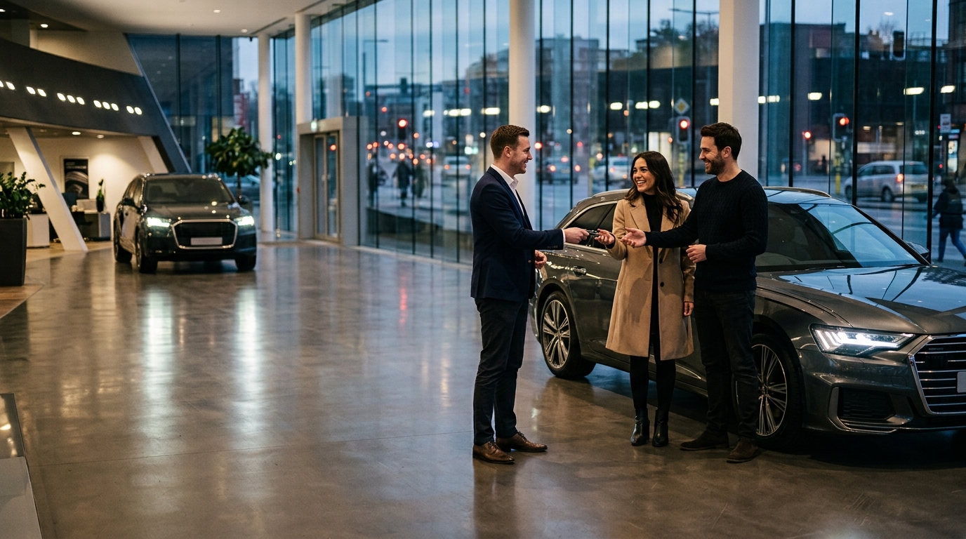 Sales consultant handing car keys to a couple in a bright premium car showroom