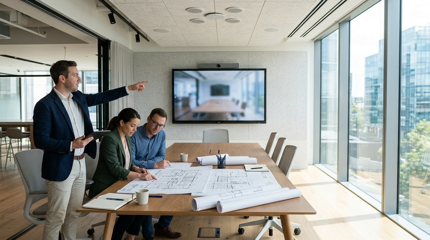 Consultant with a tablet reviewing a hybrid meeting room design with two facilities managers