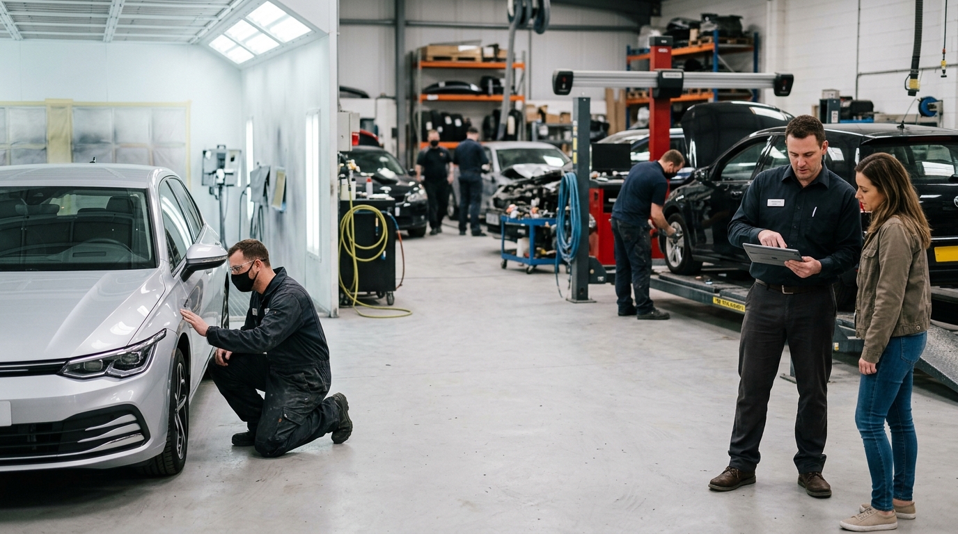 Technician inspecting a freshly painted car wing while an estimator shows a customer a repair estimate