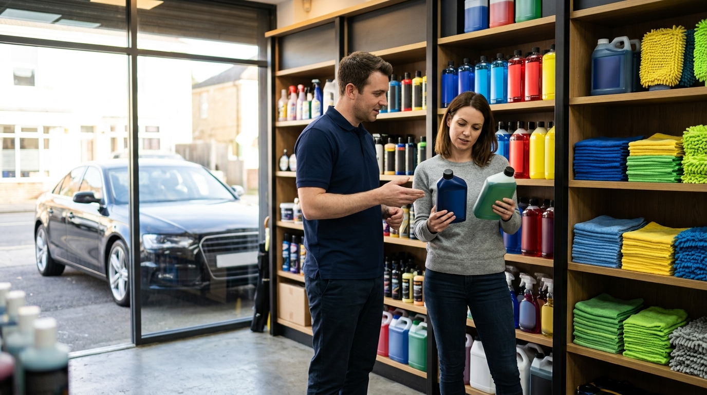 Shop assistant helping a customer choose engine oil beside shelves of car care products