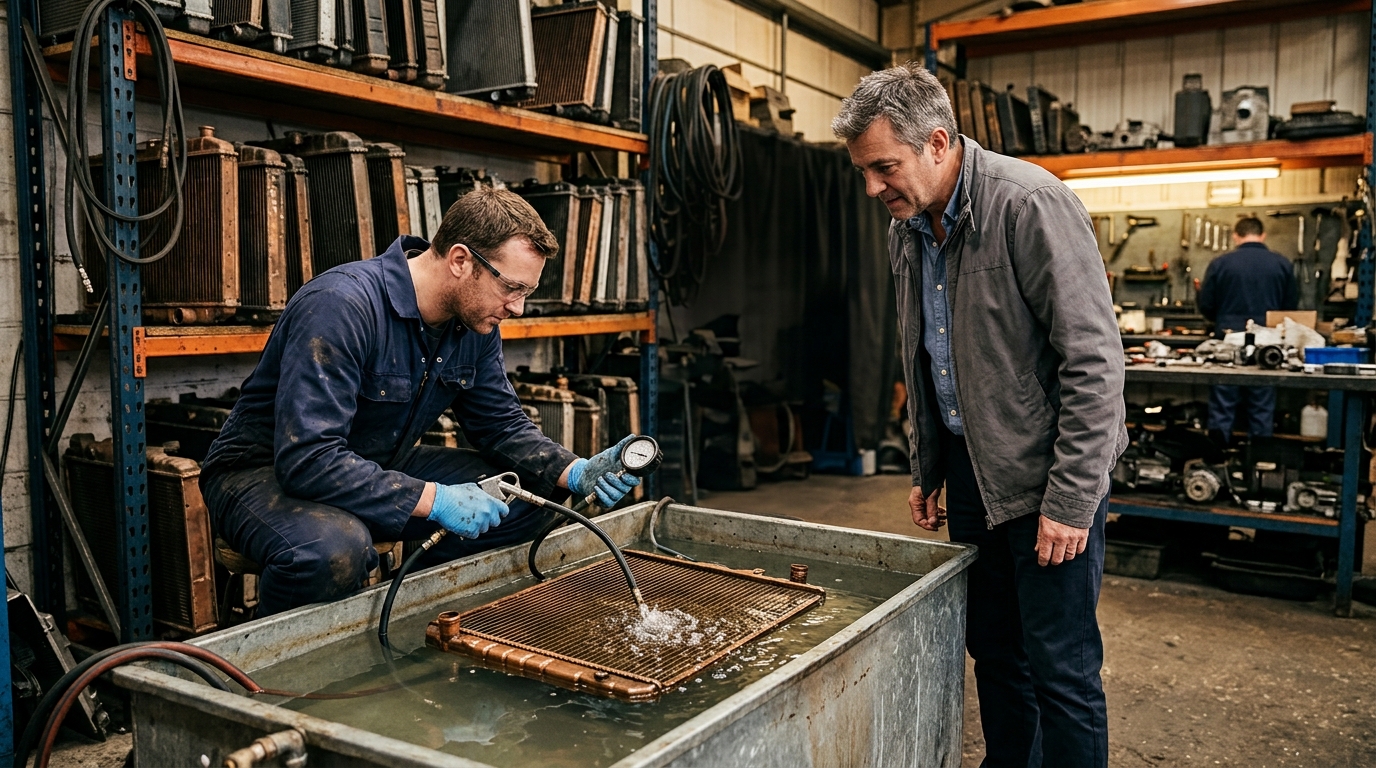 Technician pressure testing a car radiator in a water tank while a customer watches