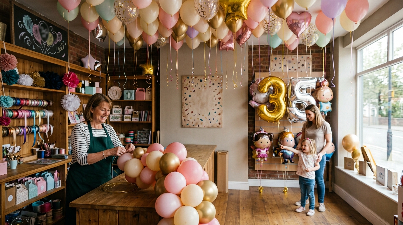 Shop owner tying a pastel balloon garland while a mother and child choose number balloons