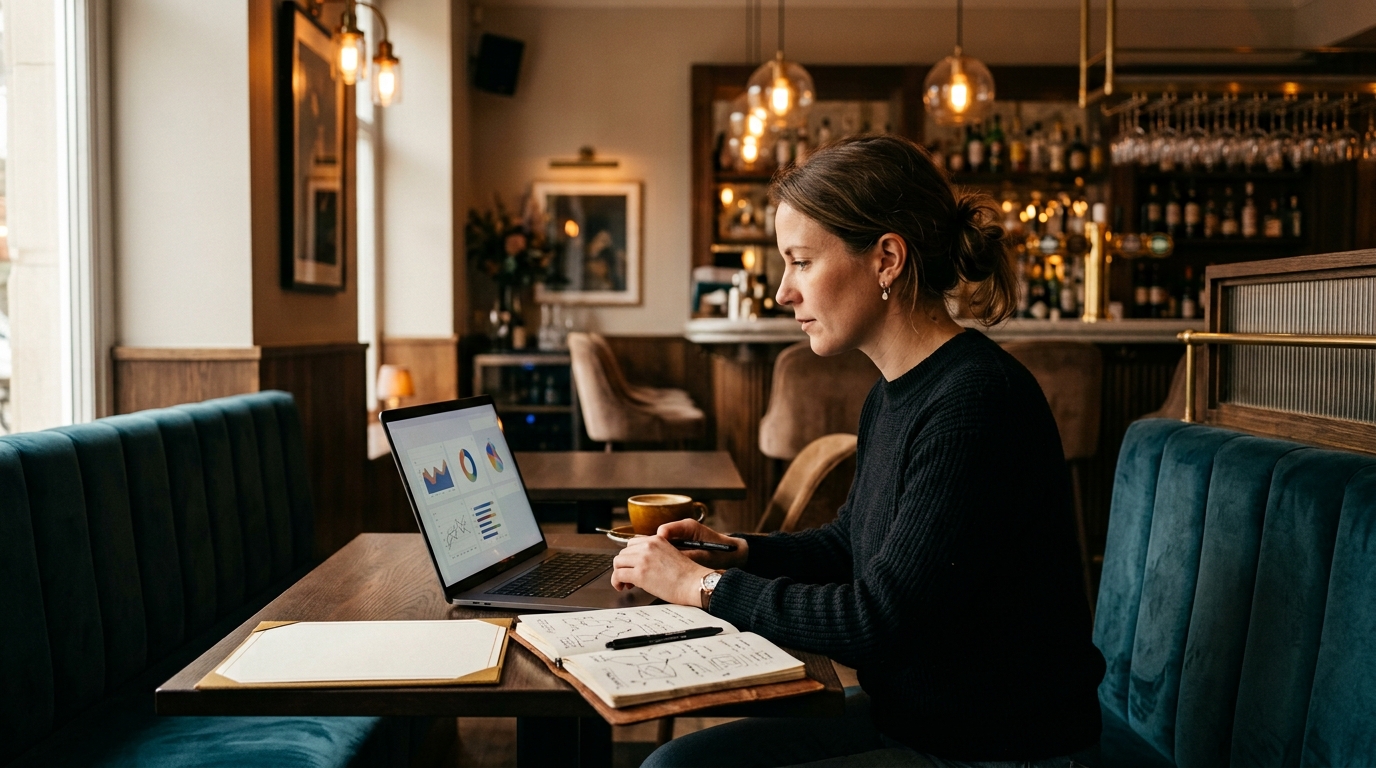 Marketer planning a bar campaign on a laptop with handwritten notes in a quiet bar before service