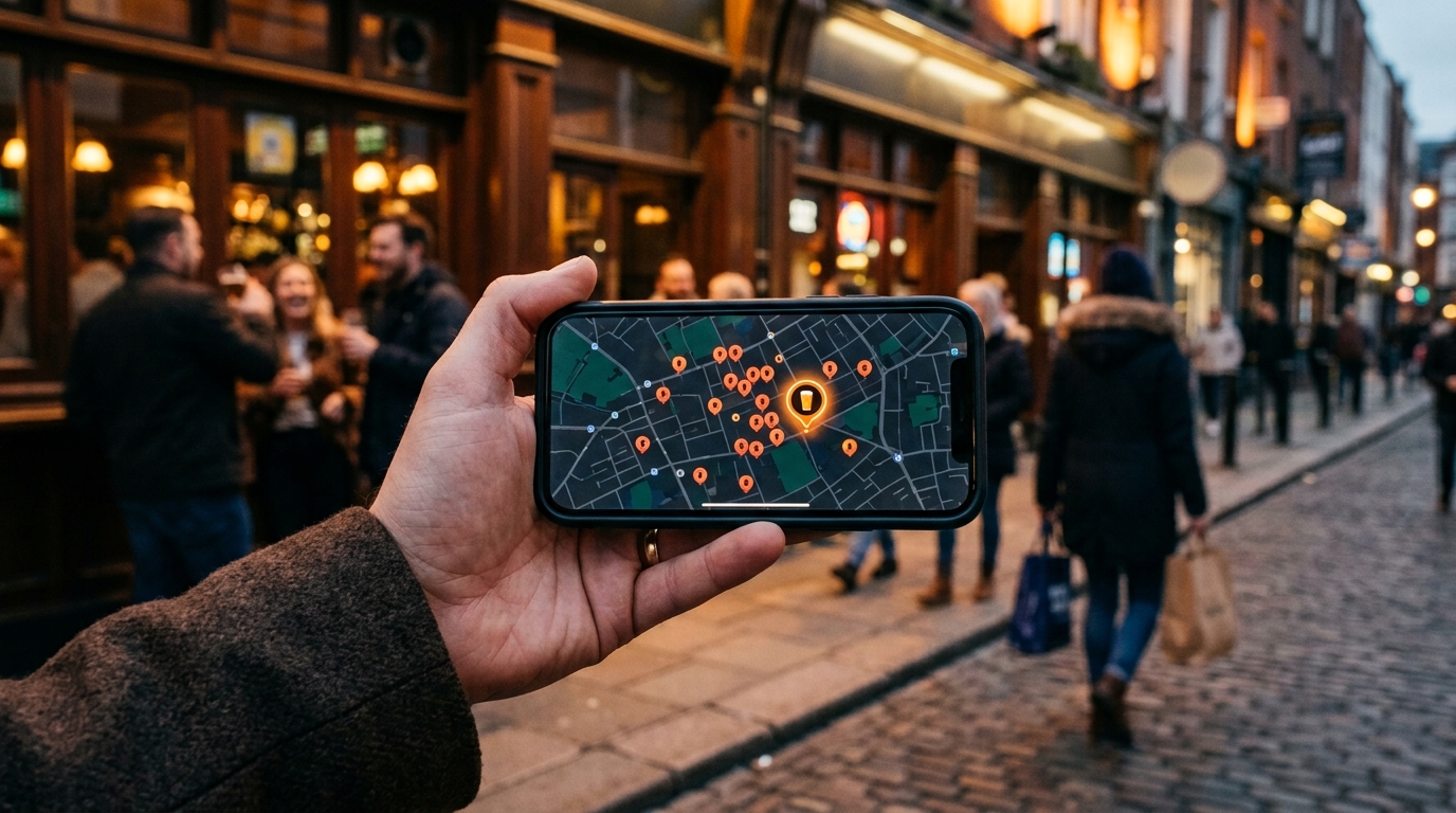 Hand holding a phone with a map of nearby bars on a busy street at dusk