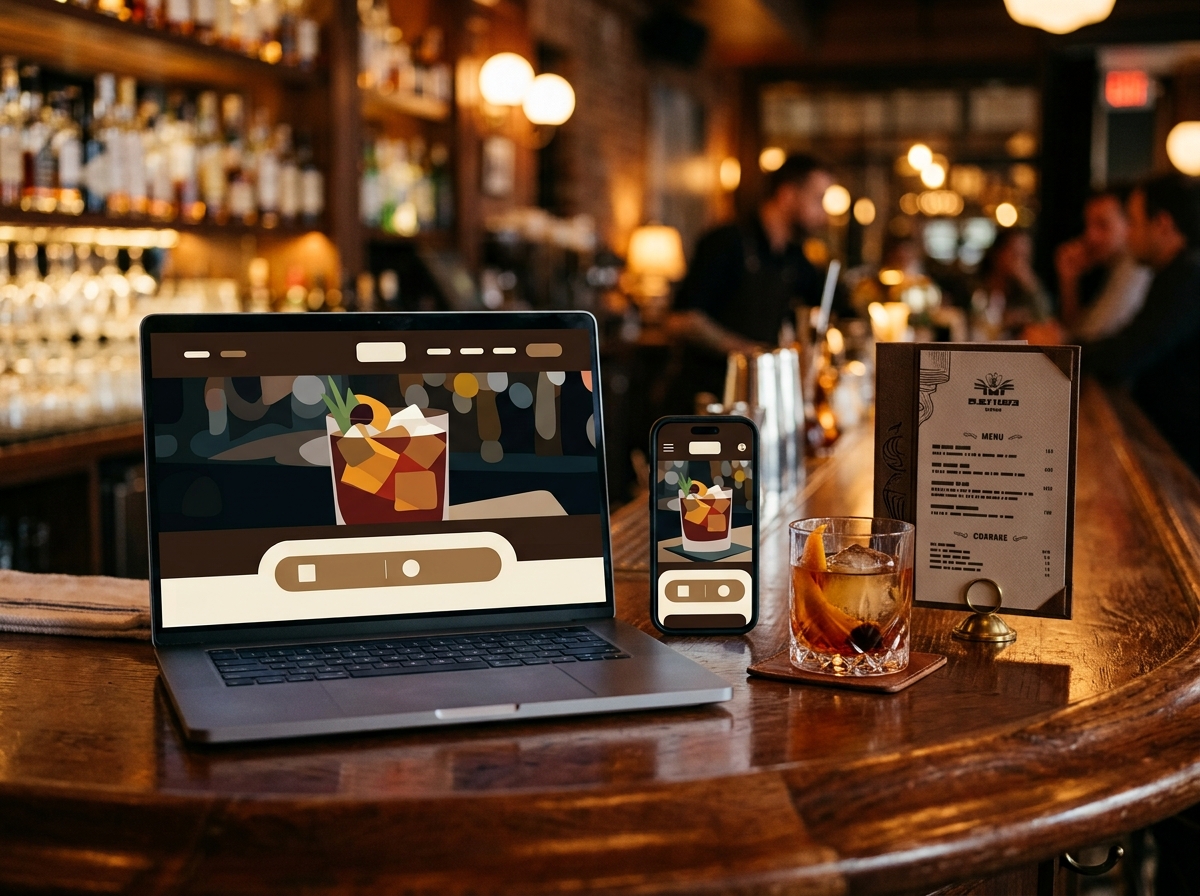 Bar website shown on a laptop and phone beside a cocktail and a menu on a bar counter