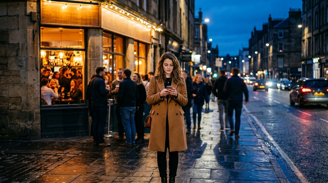 Woman searching on her phone outside a busy bar on a wet street at night