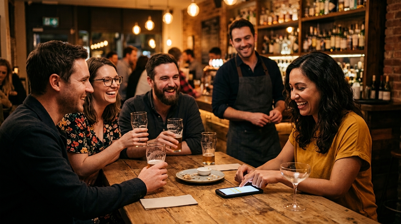 Friends enjoying drinks at a bar table while one leaves a review on her phone
